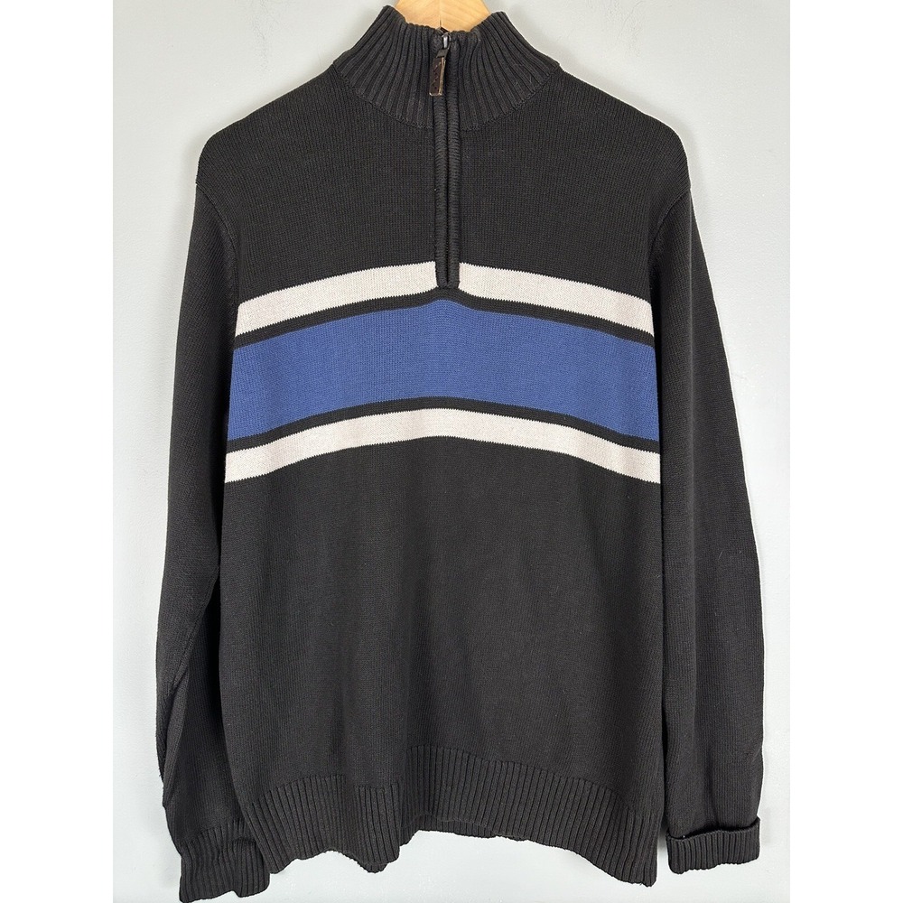 Eddie Bauer Men's 1/4 Zip Mock Neck Pullover Sweater Gray Striped XL Preppy